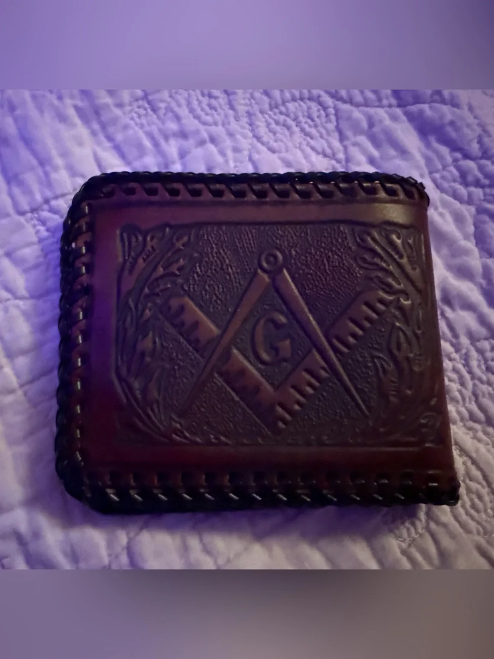Handcrafted Brown Leather Bifold Wallet with Embossed Masonic Design